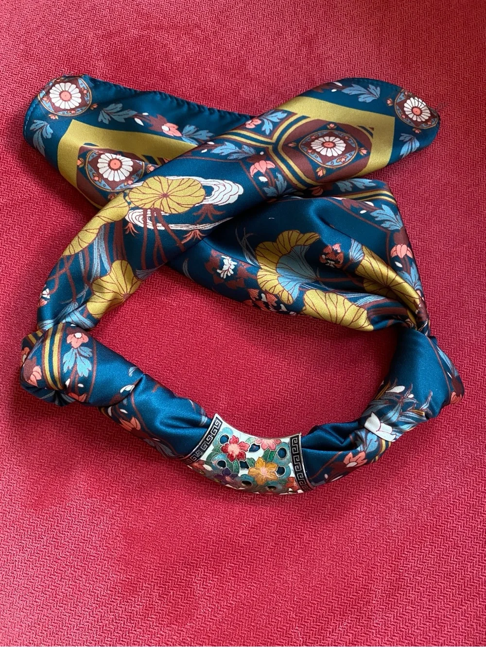 New scarf with cloisonné slide pendant. Gorgeous!